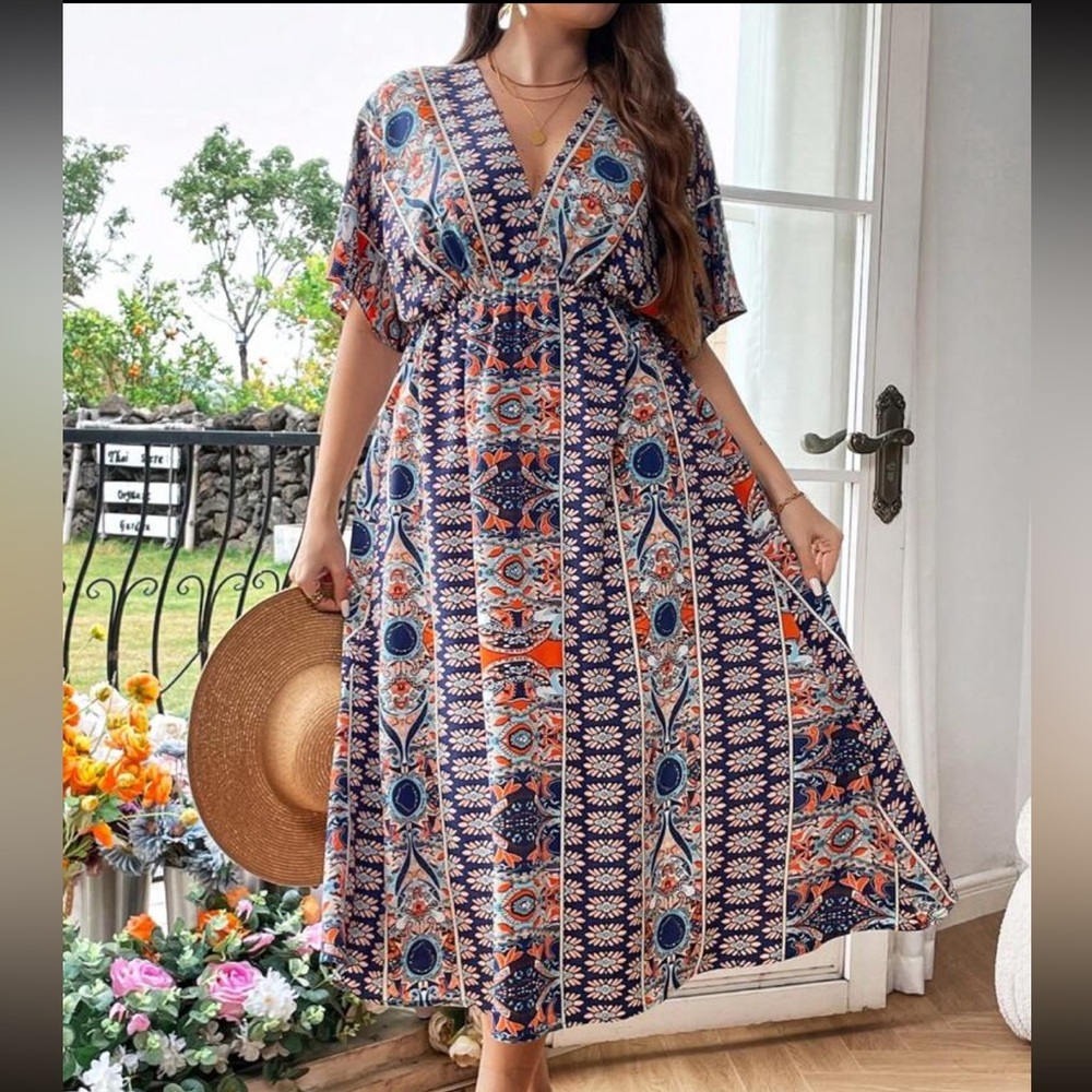 Plus Size Boho Floral Cottagecore Kimono Sleeve Maxi Dress - Picture 5 of 6